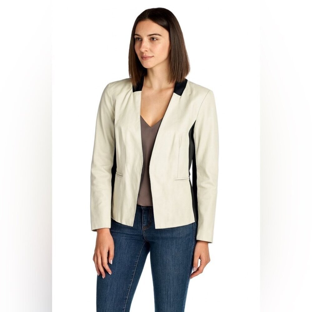 S.A.S Sportswear White & Black Leather Colorblock Open Front Blazer Jacket M